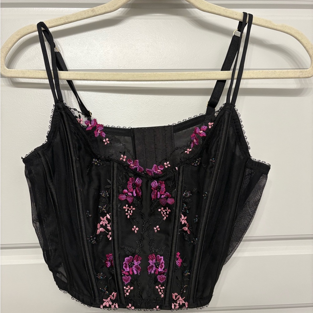 Victoria's Secret Black and Pink Embroidered Top